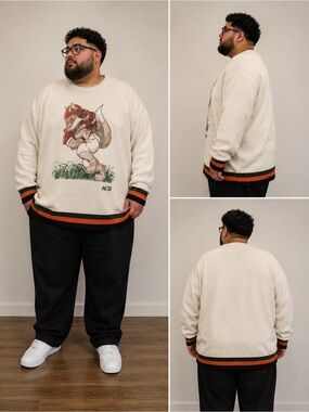AKOO Whisper White Graphic Football Fox Embroidered Sweater 4XL Y2K Streetwear